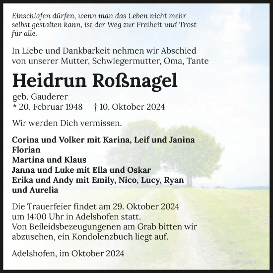 Traueranzeige von Heidrun Roßnagel von GESAMT