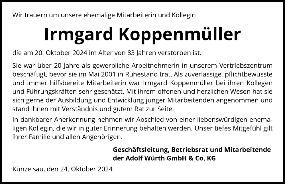  Traueranzeige für Irmgard Koppenmüller vom 24.10.2024 aus GESAMT