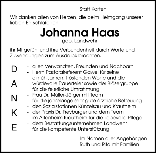 Traueranzeige von Johanna Haas von GESAMT