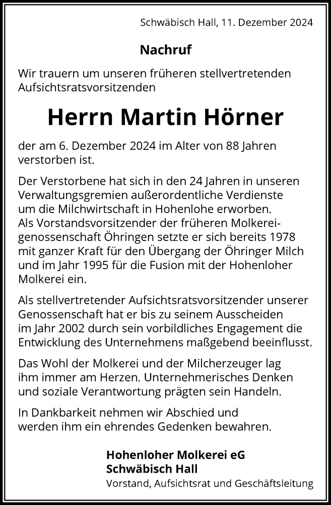  Traueranzeige für Martin Hörner vom 11.12.2024 aus GESAMT