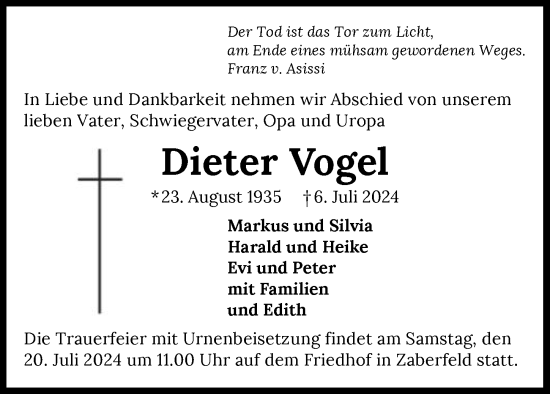 Traueranzeige von Dieter Vogel von GESAMT