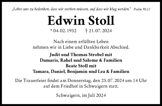 Traueranzeige von Edwin Stoll von GESAMT
