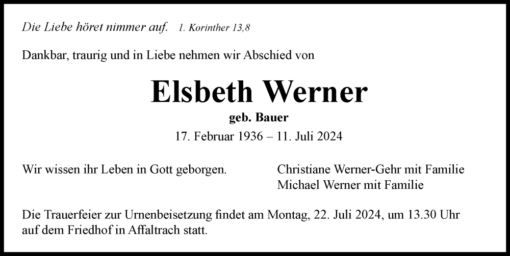  Traueranzeige für Elsbeth Werner vom 16.07.2024 aus GESAMT
