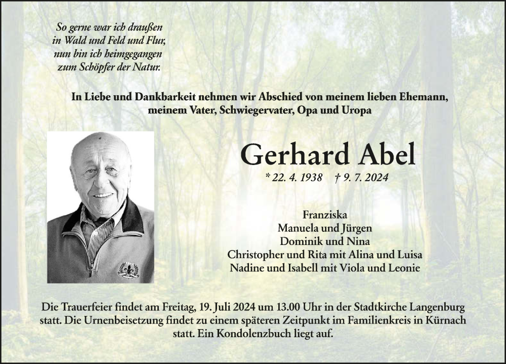  Traueranzeige für Gerhard Abel vom 16.07.2024 aus GESAMT