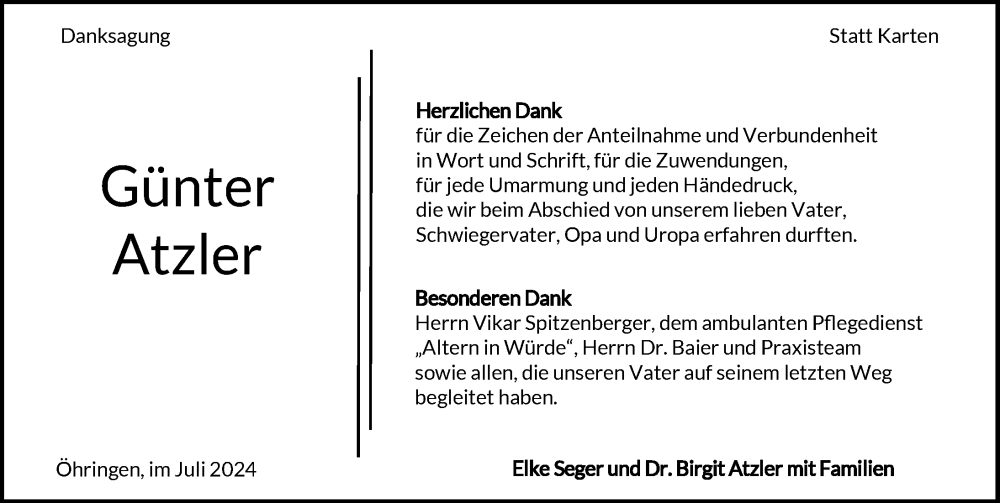  Traueranzeige für Günter Atzler vom 25.07.2024 aus GESAMT
