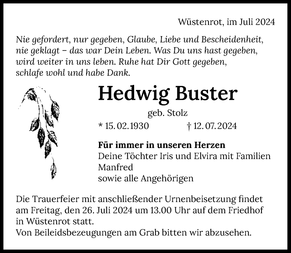  Traueranzeige für Hedwig Buster vom 23.07.2024 aus GESAMT