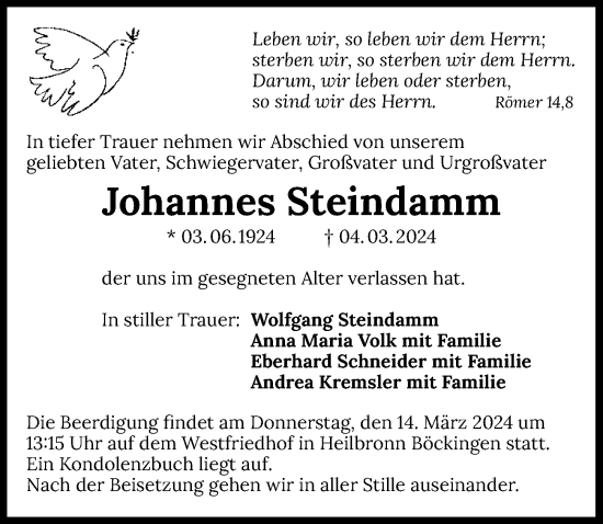 Traueranzeige von Johannes Steindamm von GESAMT