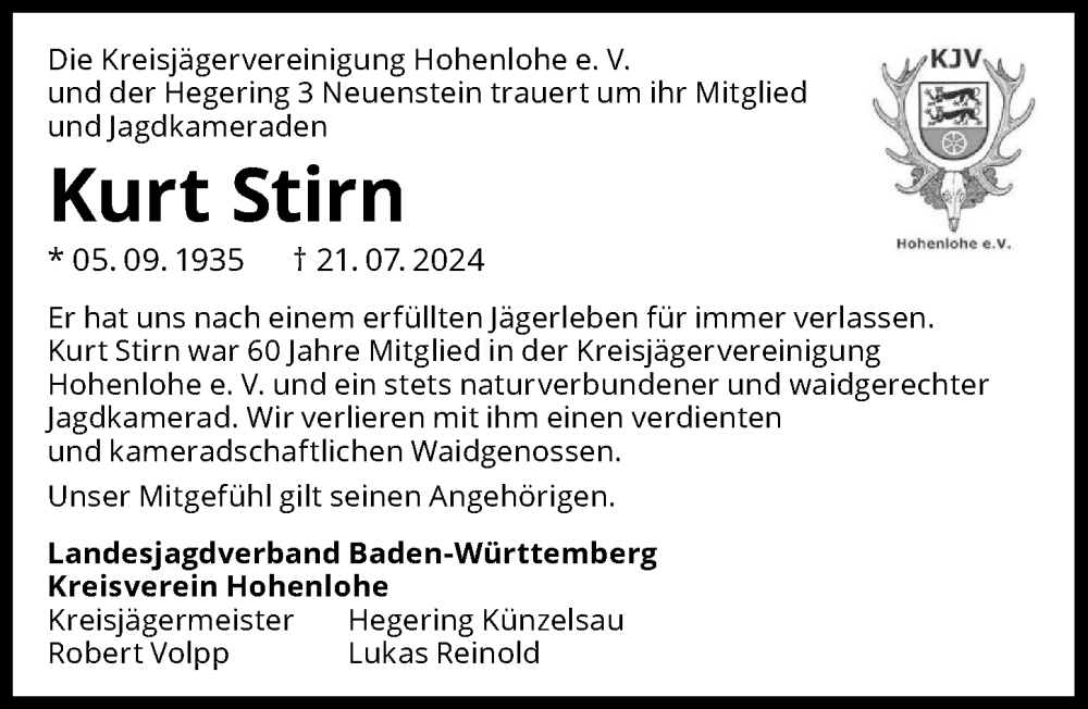  Traueranzeige für Kurt Stirn vom 25.07.2024 aus GESAMT