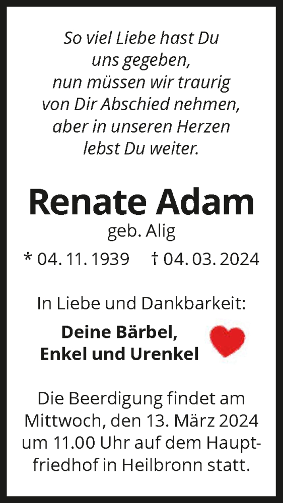  Traueranzeige für Renate Adam vom 09.03.2024 aus GESAMT