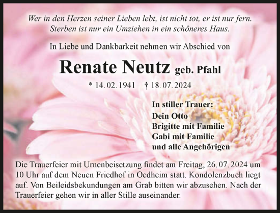 Traueranzeige von Renate Neutz von GESAMT