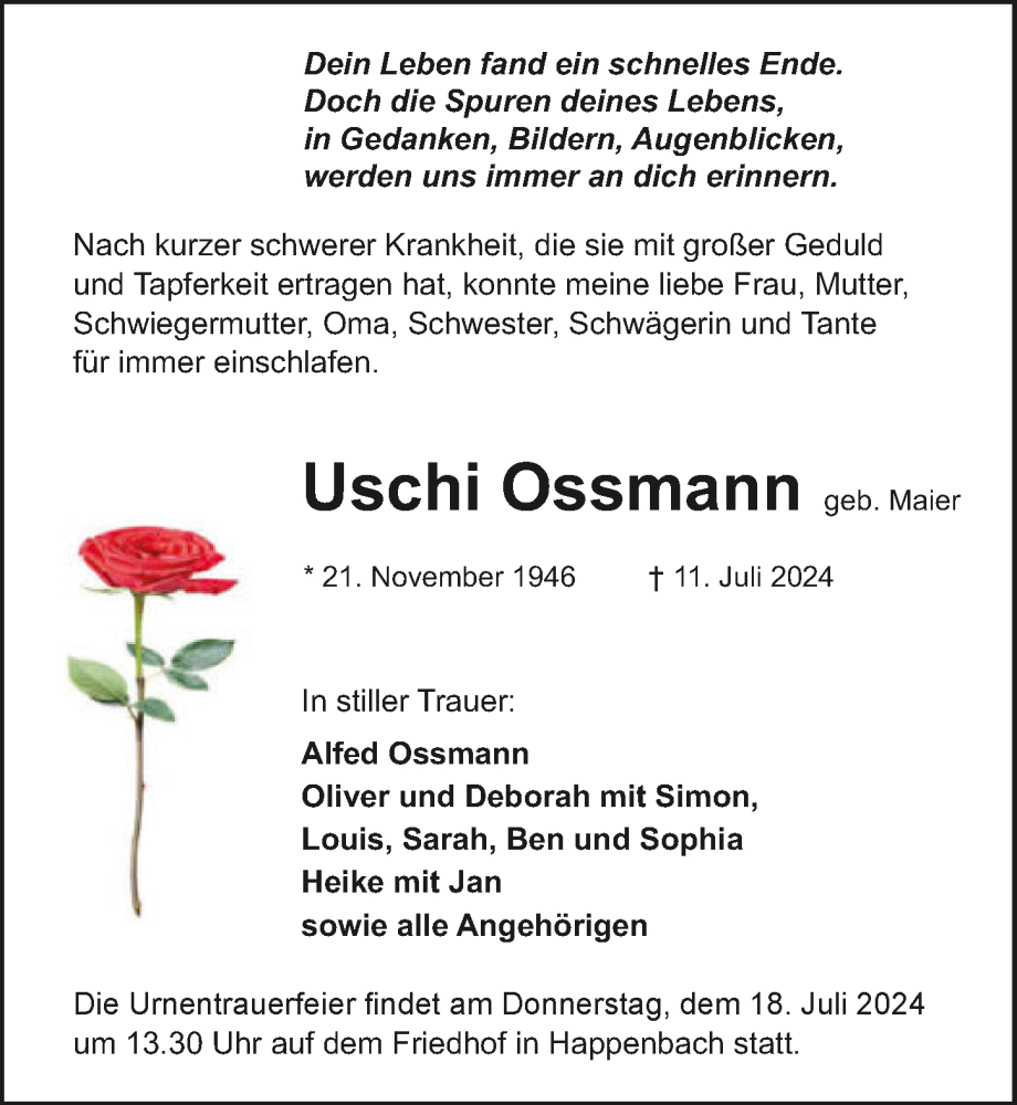  Traueranzeige für Uschi Ossmann vom 16.07.2024 aus GESAMT