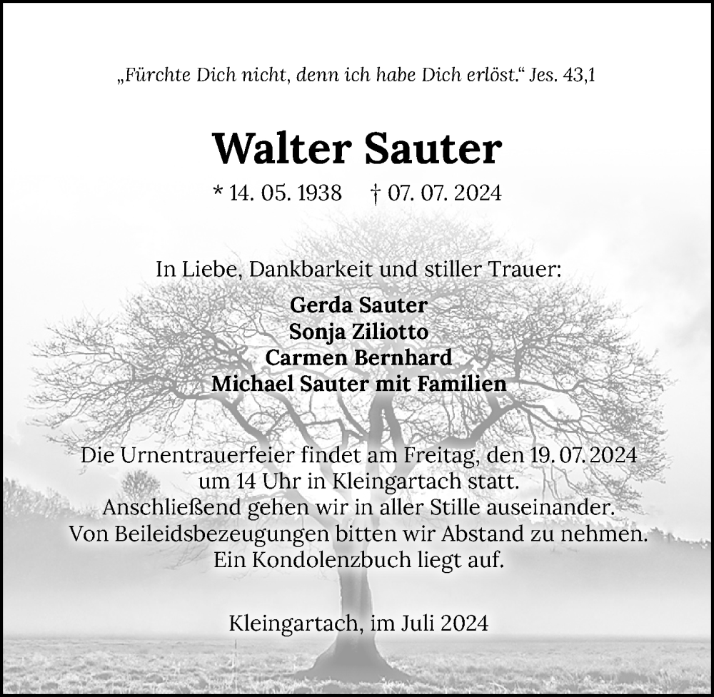  Traueranzeige für Walter Sauer vom 16.07.2024 aus GESAMT