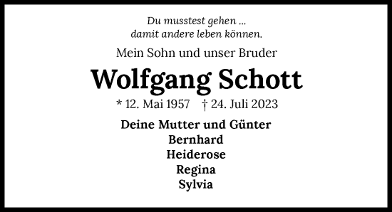 Traueranzeige von Wolfgang Schott von GESAMT