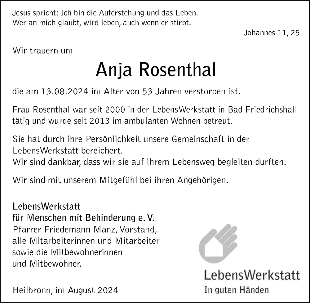  Traueranzeige für Anja Rosenthal vom 16.08.2024 aus GESAMT
