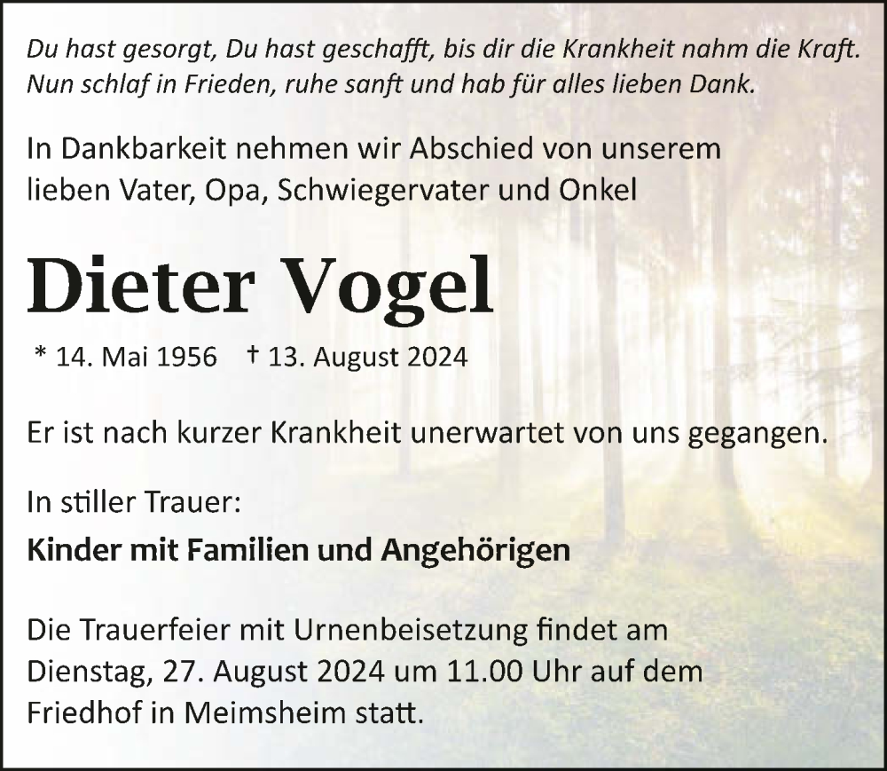  Traueranzeige für Dieter Vogel vom 22.08.2024 aus GESAMT