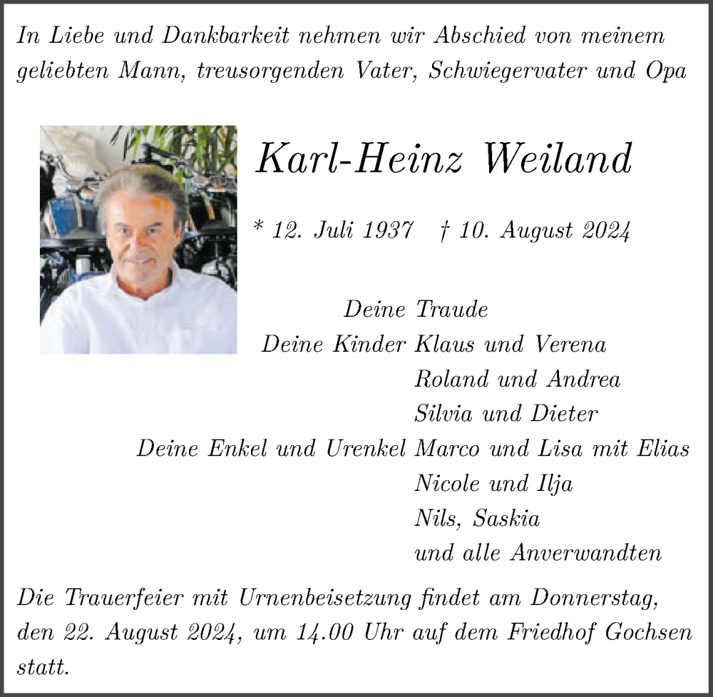  Traueranzeige für Karl-Heinz Weiland vom 16.08.2024 aus GESAMT