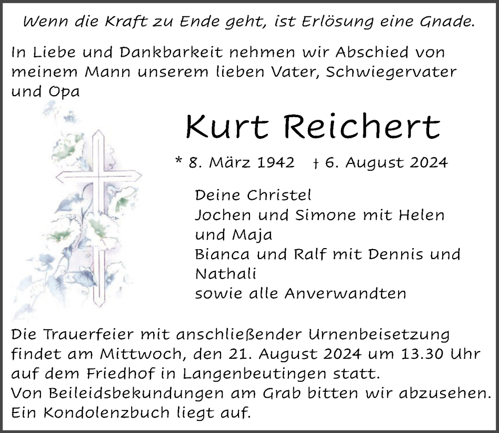  Traueranzeige für Kurt Reichert vom 20.08.2024 aus GESAMT
