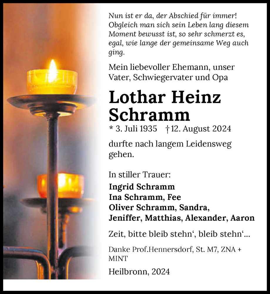  Traueranzeige für Lothar Heinz Schramm vom 20.08.2024 aus GESAMT