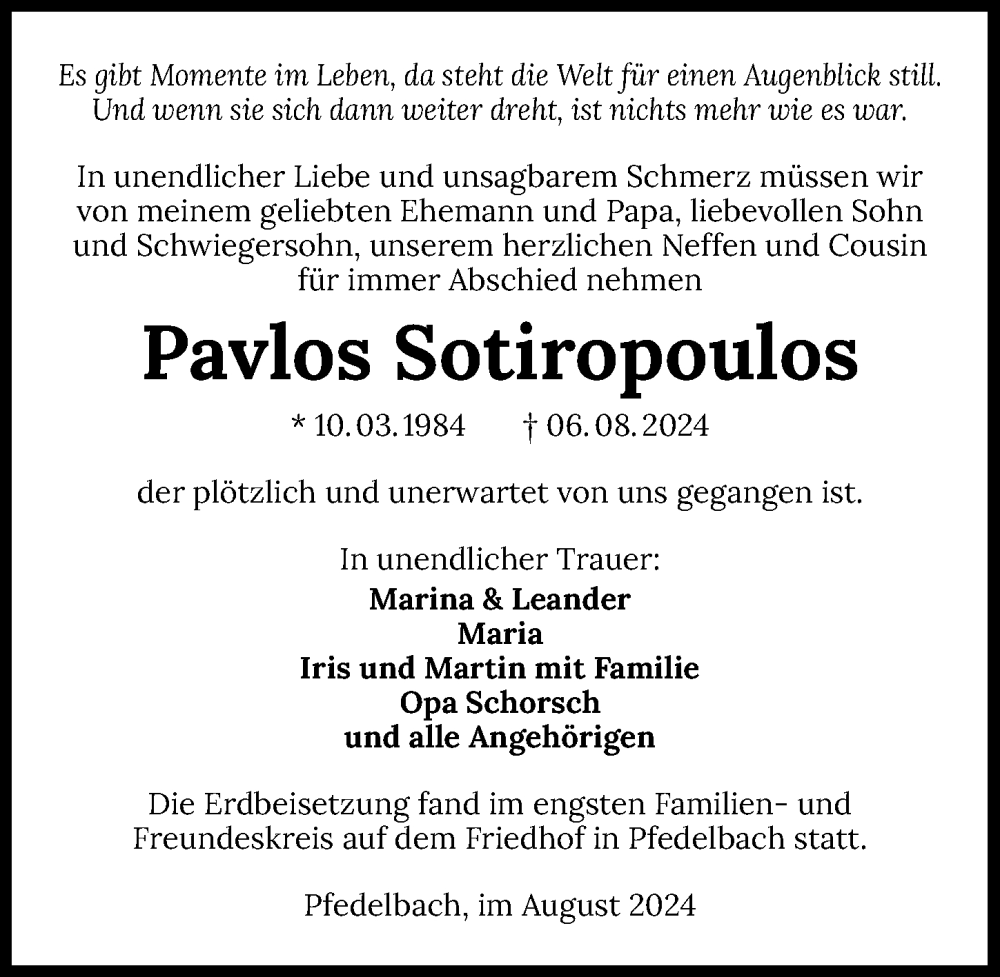  Traueranzeige für Pavlos Sotiropoulos vom 16.08.2024 aus GESAMT