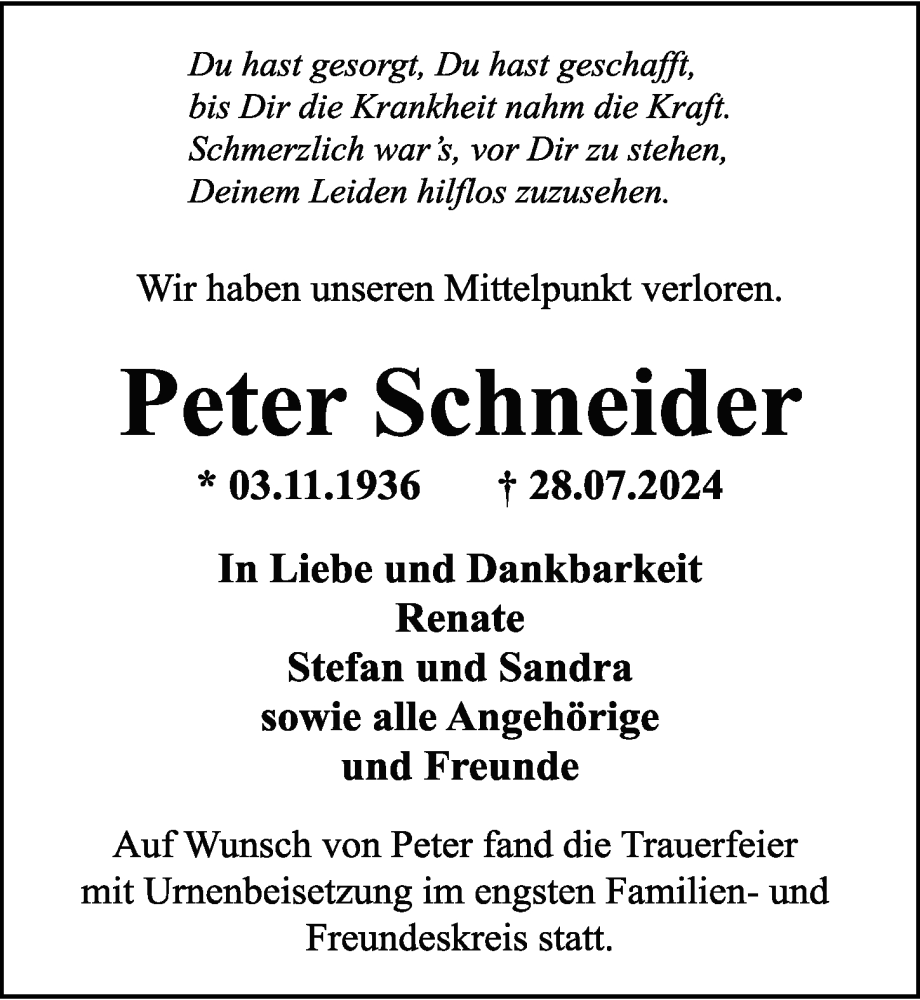  Traueranzeige für Peter Schneider vom 16.08.2024 aus GESAMT