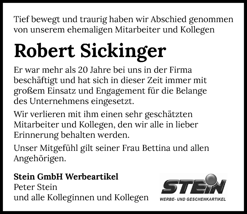  Traueranzeige für Robert Sickinger vom 16.08.2024 aus GESAMT
