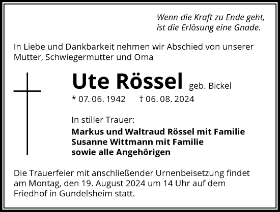 Traueranzeige von Ute  Rössel von GESAMT