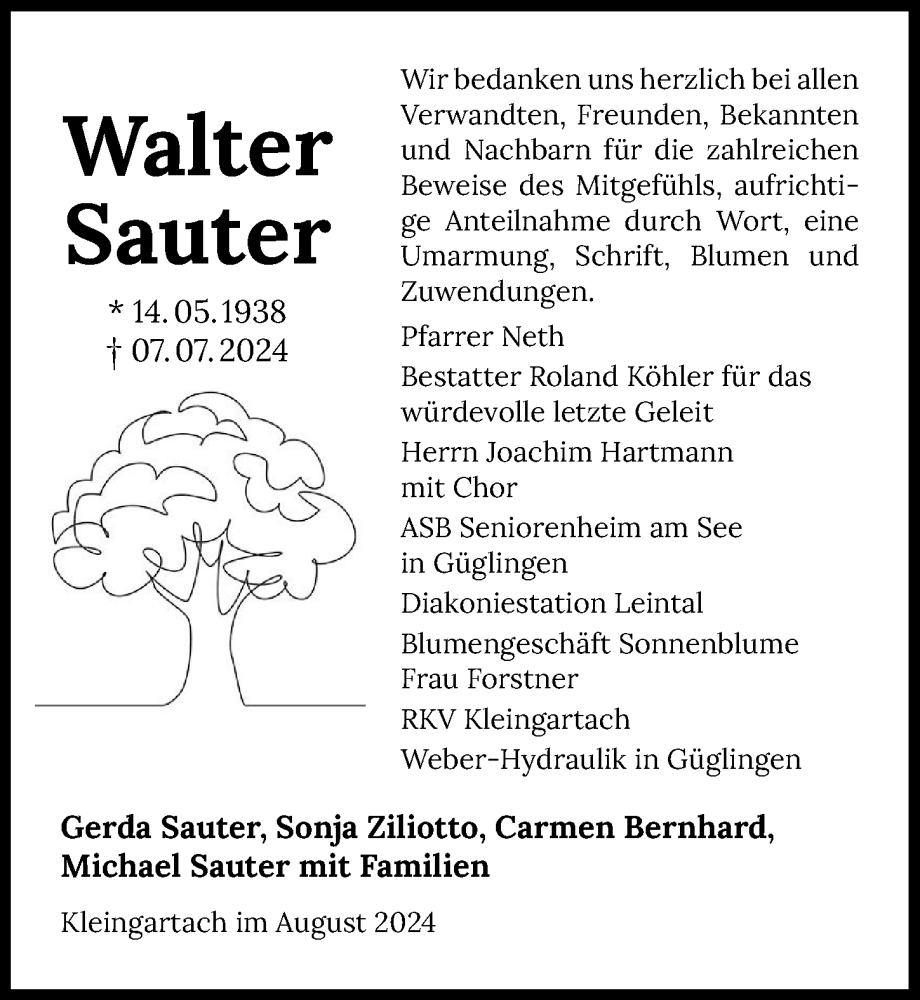  Traueranzeige für Walter Sauter vom 01.08.2024 aus GESAMT