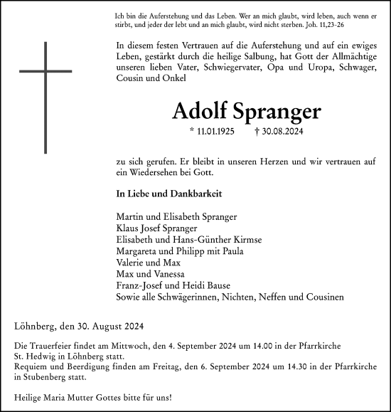 Traueranzeige von Adolf Spranger von Weilburger Tageblatt