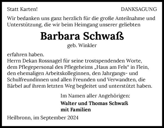 Traueranzeige von Barbara Schwaß von GESAMT
