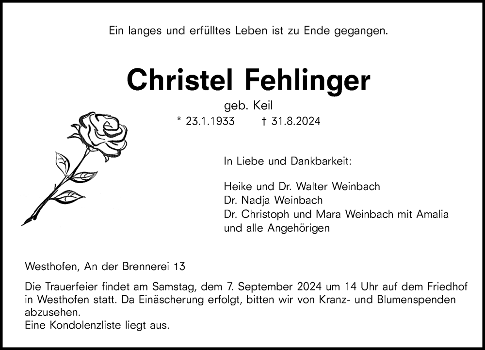  Traueranzeige für Christel Fehlinger vom 04.09.2024 aus Wormser Zeitung