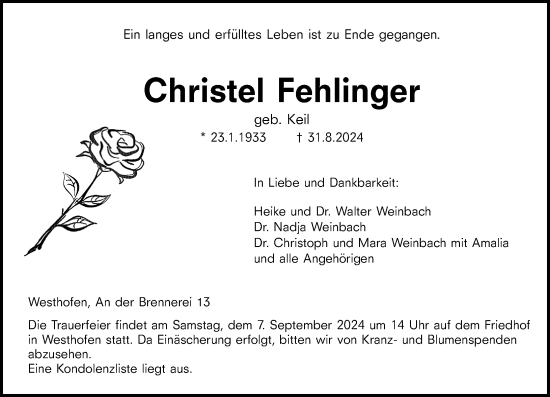 Traueranzeige von Christel Fehlinger von Wormser Zeitung