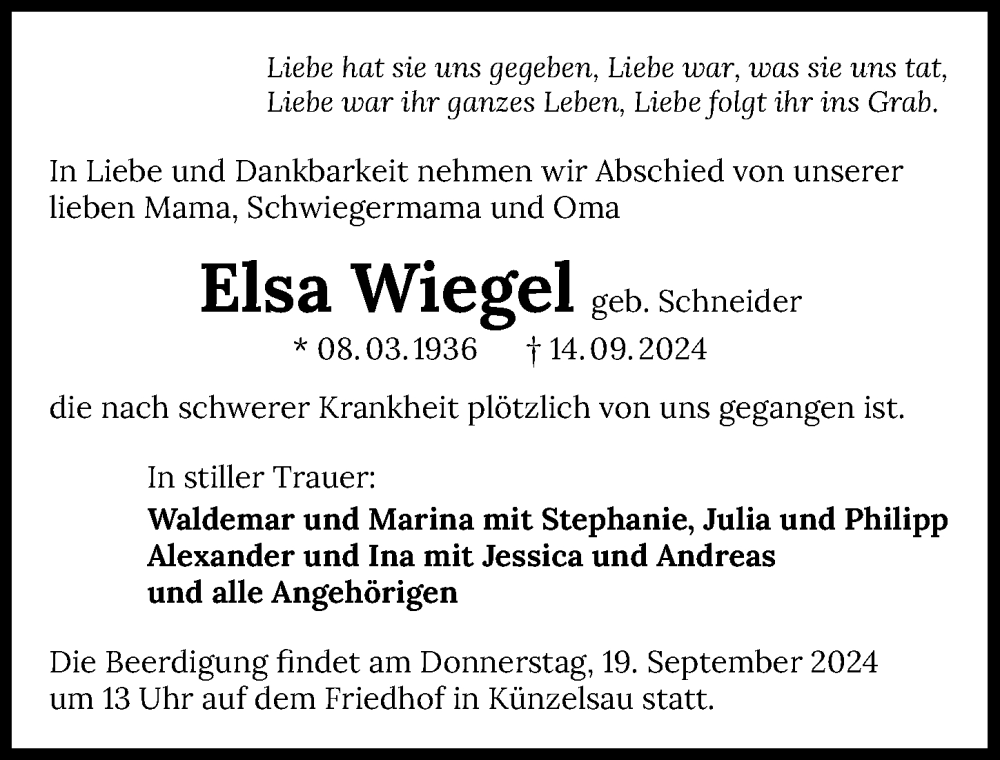  Traueranzeige für Elise Wigel vom 17.09.2024 aus GESAMT