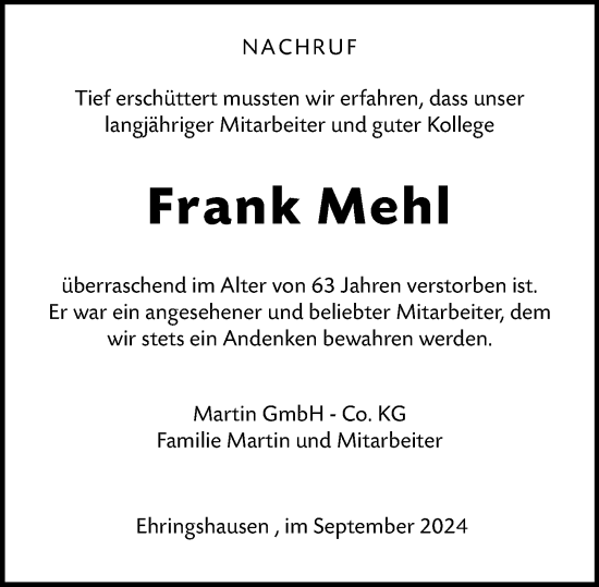 Traueranzeige von Frank Mehl von Wetzlarer Neue Zeitung