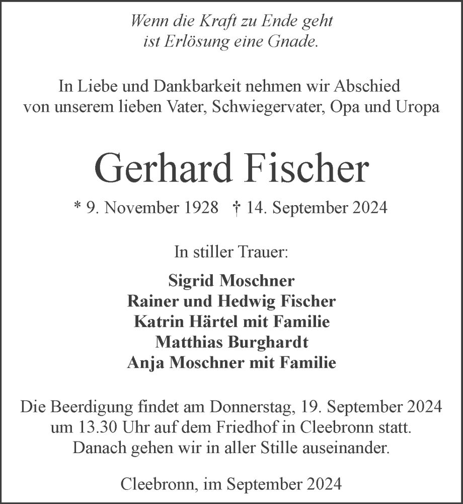  Traueranzeige für Gerhard Fischer vom 17.09.2024 aus GESAMT