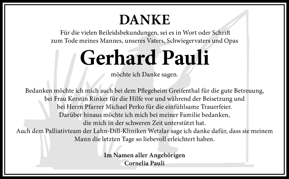  Traueranzeige für Gerhard Pauli vom 04.09.2024 aus Wetzlarer Neue Zeitung