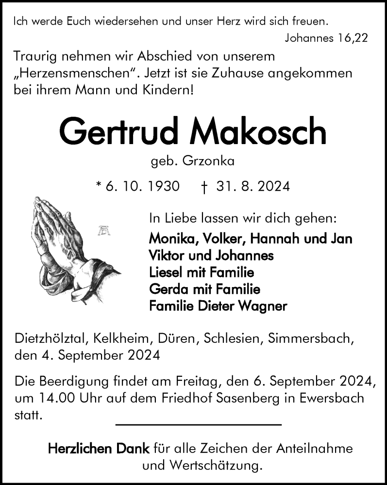  Traueranzeige für Gertrud Makosch vom 04.09.2024 aus Dill Block