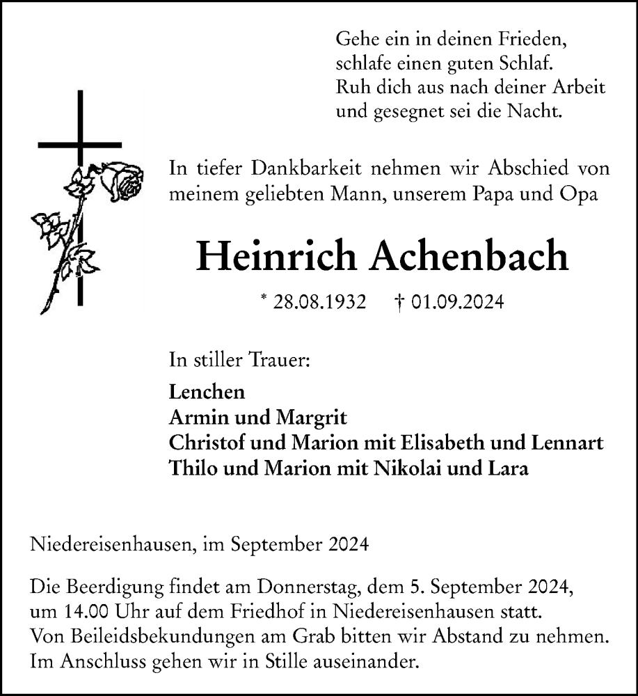  Traueranzeige für Heinrich Achenbach vom 04.09.2024 aus Hinterländer Anzeiger