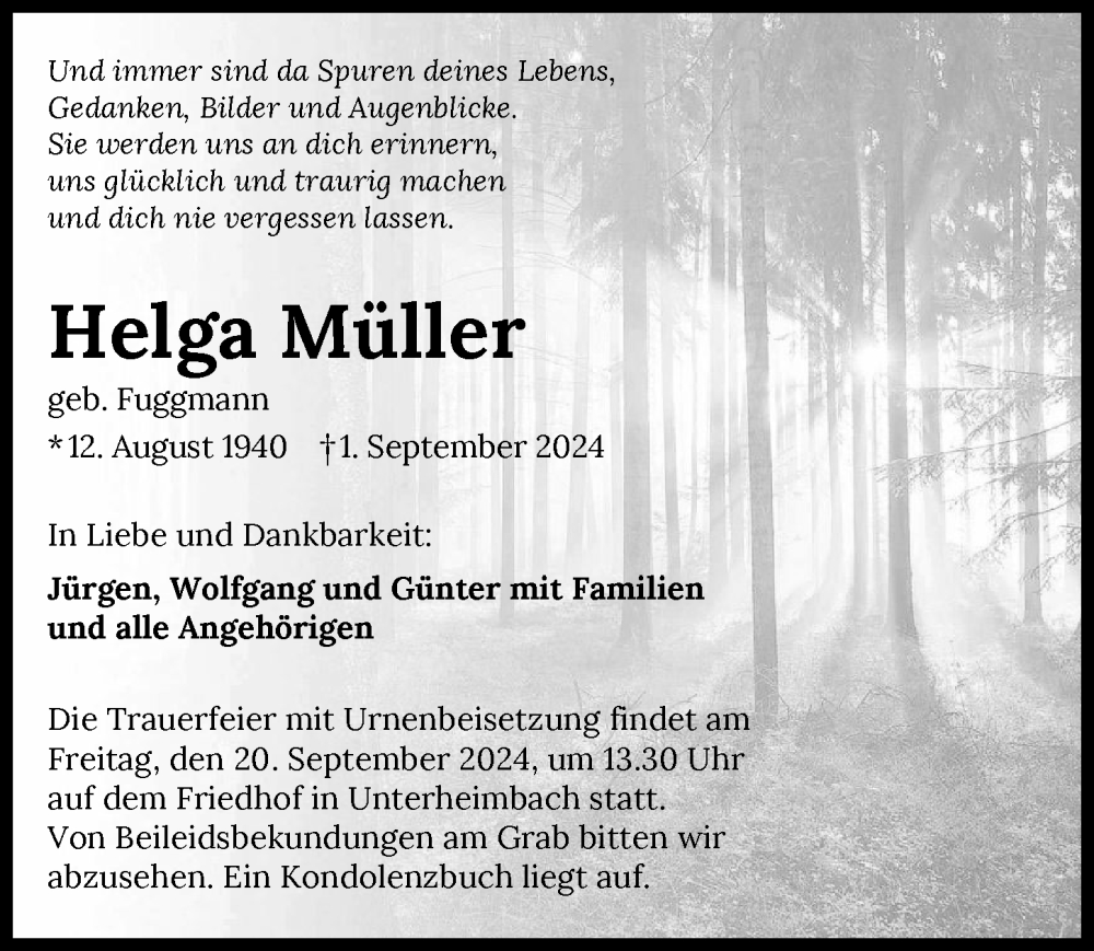 Traueranzeige für Helga Müller vom 18.09.2024 aus GESAMT