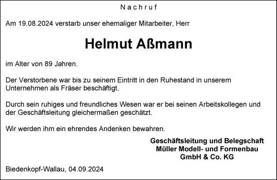 Traueranzeige von Helmut Assmann von Hinterländer Anzeiger