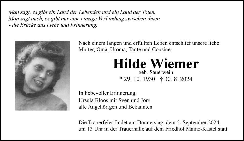  Traueranzeige für Hilde Wiemer vom 04.09.2024 aus Allgemeine Zeitung Mainz