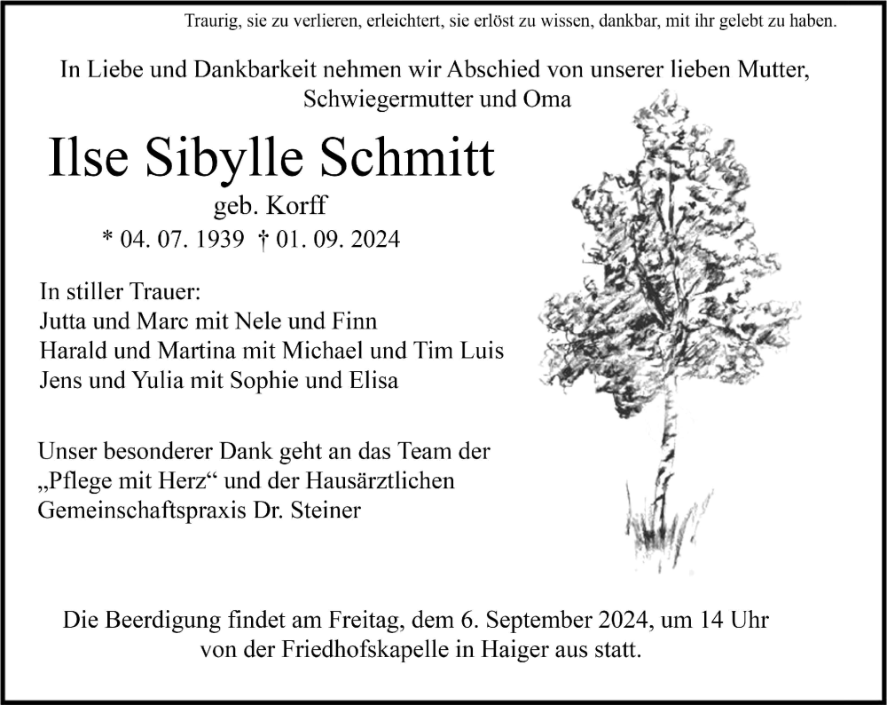  Traueranzeige für Ise Sylle Schmitt vom 04.09.2024 aus Dill Block