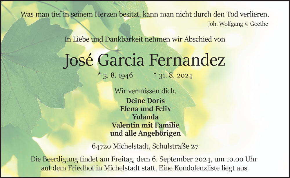  Traueranzeige für Jose Garcia Fernandez vom 04.09.2024 aus Odenwälder Echo