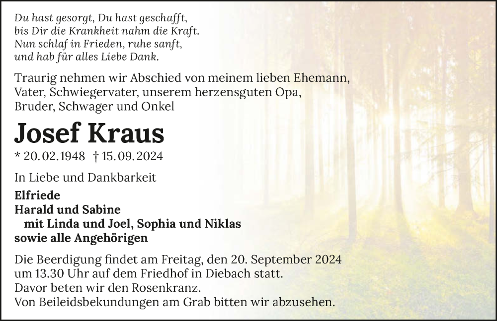  Traueranzeige für Josef Kraus vom 18.09.2024 aus GESAMT