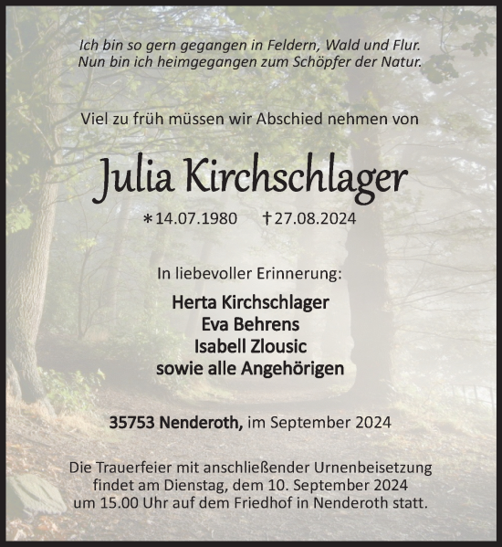Traueranzeige von Julija Kirchschlager von Dill Block