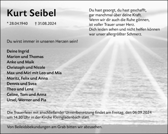 Traueranzeige von Kurt Sejijbejl von Hinterländer Anzeiger