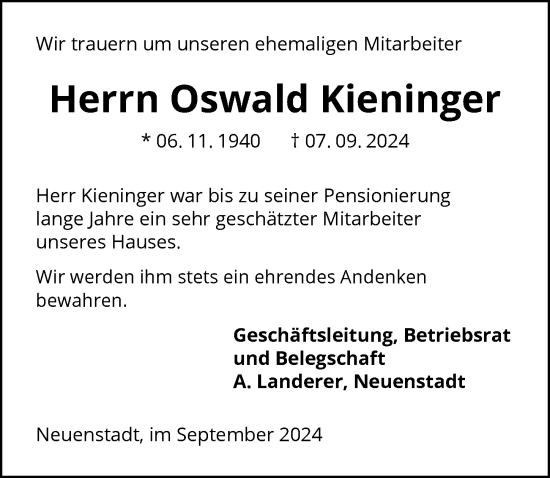 Traueranzeige von Oswald Kieninger von GESAMT