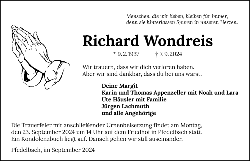  Traueranzeige für Richard Wondreis vom 18.09.2024 aus GESAMT
