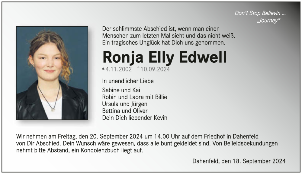  Traueranzeige für Ronja Elly Edwell vom 18.09.2024 aus GESAMT