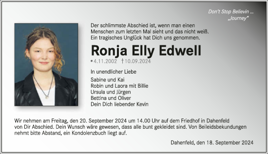 Traueranzeige von Ronja Elly Edwell von GESAMT