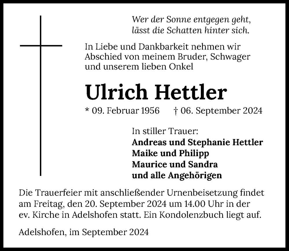  Traueranzeige für Ulrich Hettler vom 18.09.2024 aus GESAMT